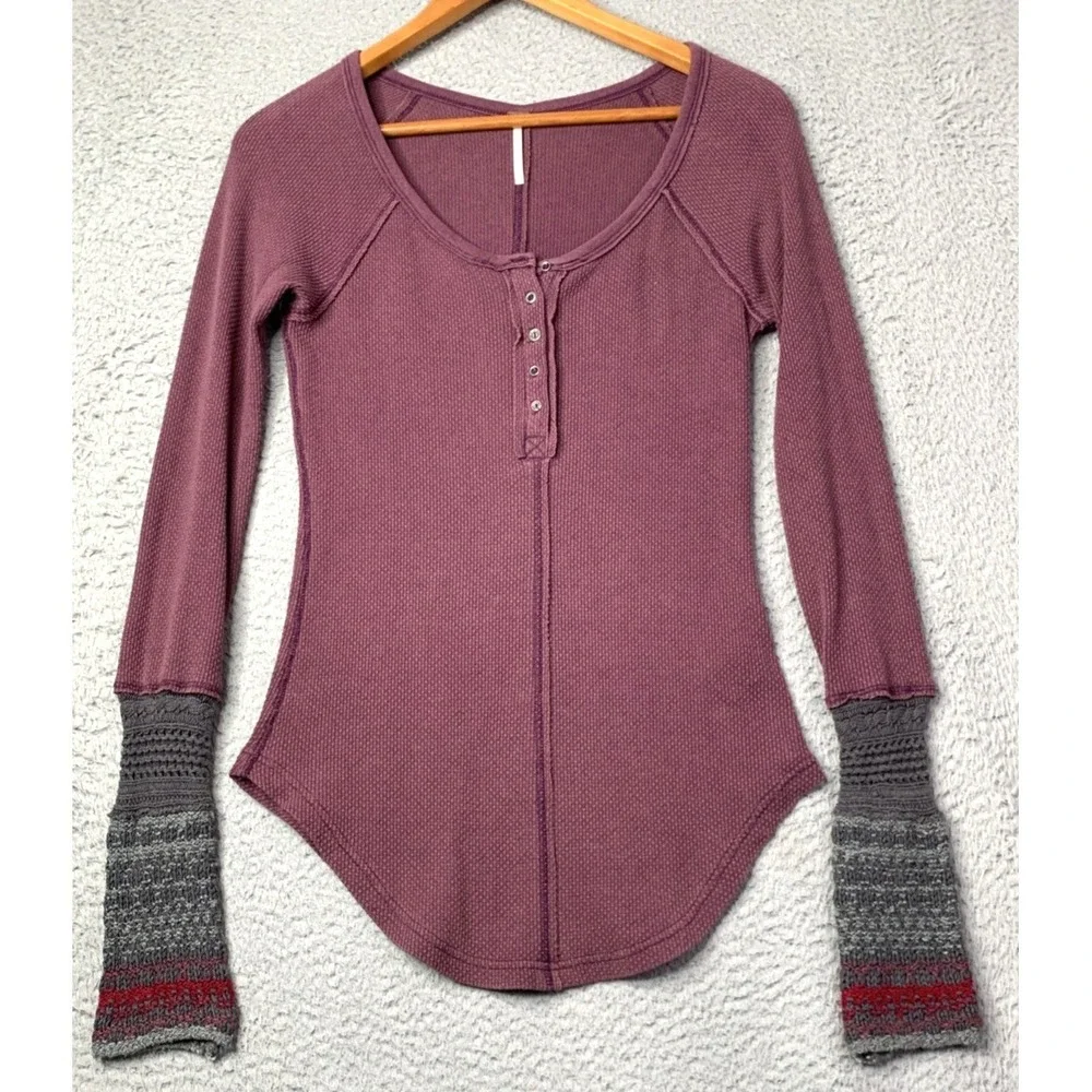 FREE PEOPLE Thermal Henley Womens Small Ski Knit Sweater Cuff Eggplant Purple